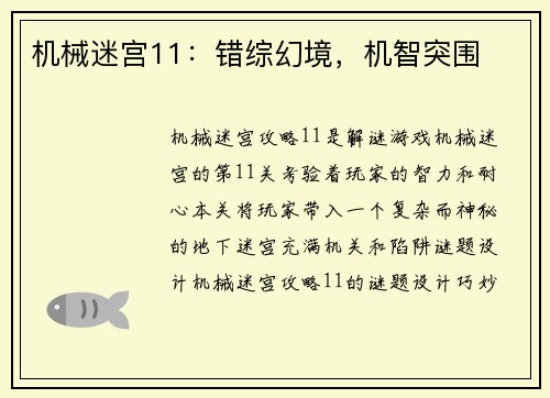 机械迷宫11：错综幻境，机智突围